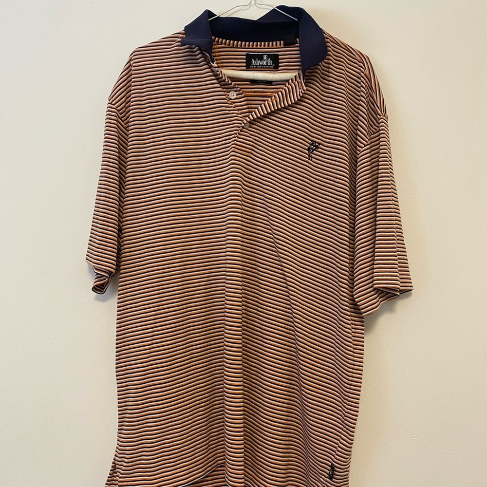 Ashworth Navy and Tan Striped Polo Shirt